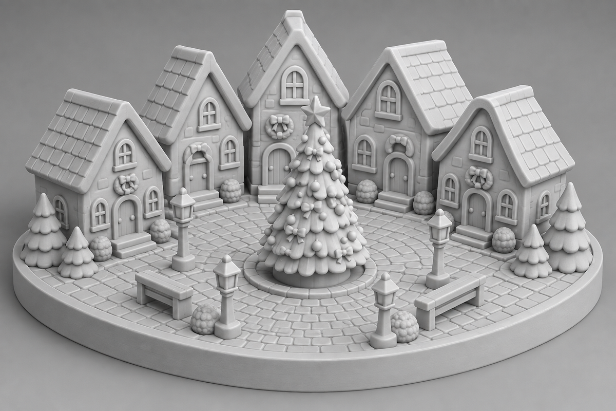 Kerstplein met kerstboom en huizen