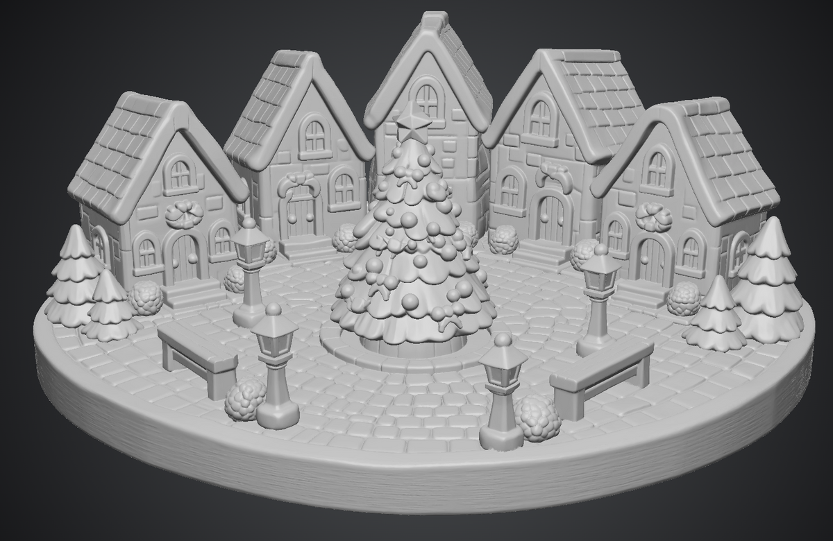 Kerstplein met kerstboom en huizen